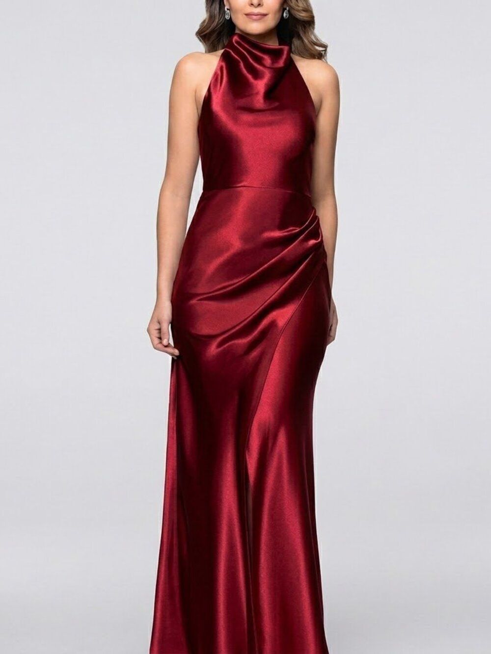 Betsy & Adam Luscious Burgundy Charmeuse Cowl Halter Long Evening Gown Sz 6P